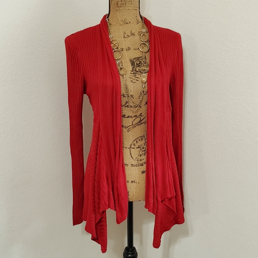 dressbarn rust color long sleeve open front cardigan crochet inset Med.